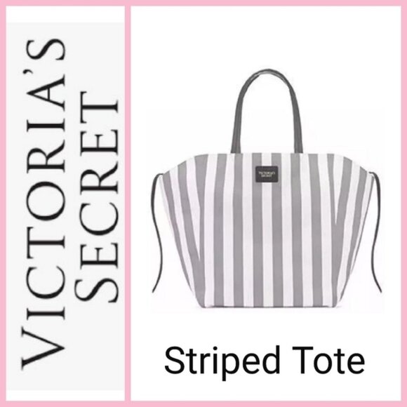 New Victoria's Secret Weekender Large Canvas Tote Bag - Gray & White Striped - Picture 1 of 10
